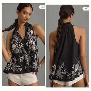 Pilcro The Tavi Blouse: Tank Edition Black White Floral Halter Blouse Embroider